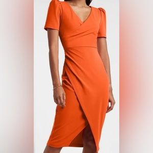 NWT! EXPRESS Puff Sleeve Wrap Front Sheath Dress Slit Orange Sz L Vibrant Sexy